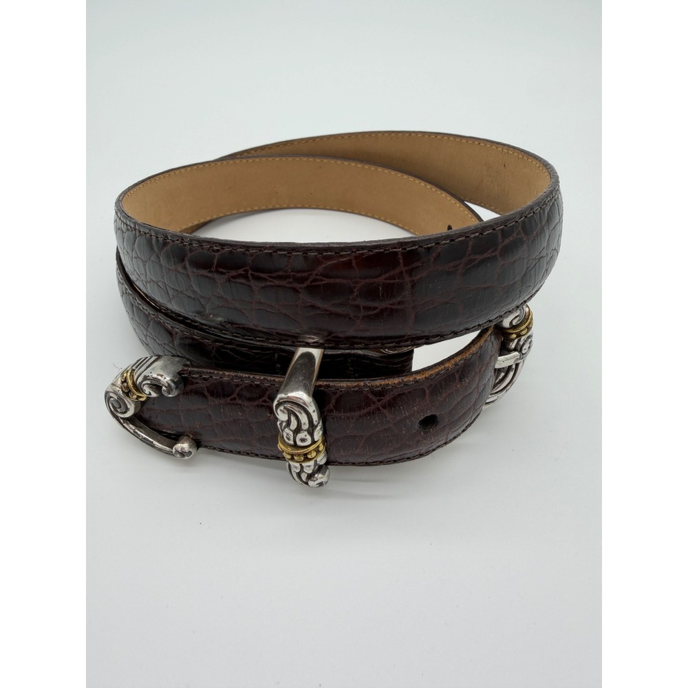 Brighton Leather Belt Women Size M 30" Brown Croc Embossed Western Silver Gold